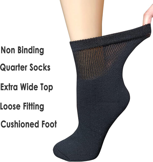 Women Extra Wide Comfort Fit Loose Fit Quarter Socks, Moisture Wicking Cushion Diabetic Socks, 4 Pairs, Black