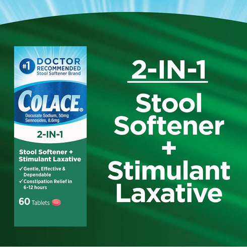 Colace 2-in-1 Stool Softener Plus Stimulant Laxative - Gentle Effective Constipation Relief, Docusate Sodium Plus