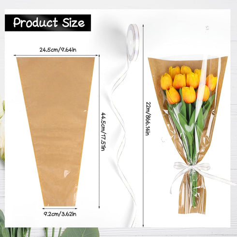 STEFORD 50Pcs 9.8x17.9 Inch Flower Bags for Bouquets Kraft Floral Sleeves Wrapping Paper with Ribbons for Mother's Day