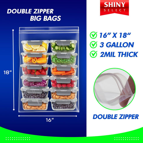 3-Gallon Double Zipper Jumbo Bags, 16x18, 2 Mil Thick, 25 Count - Heavy Duty Durable Storage Bags for Baby Items, School Supplies, Pants, Bedsheets, Pillowcases, Snacks, Meat Marinate by SHINY SELECT