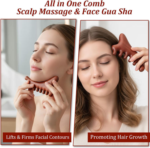 Yuanchu 4-in-1 Natural Sandalwood Gua Sha Massage Tool, Scalp Massager Comb for Head Face Eye Nose Body Stress Relief