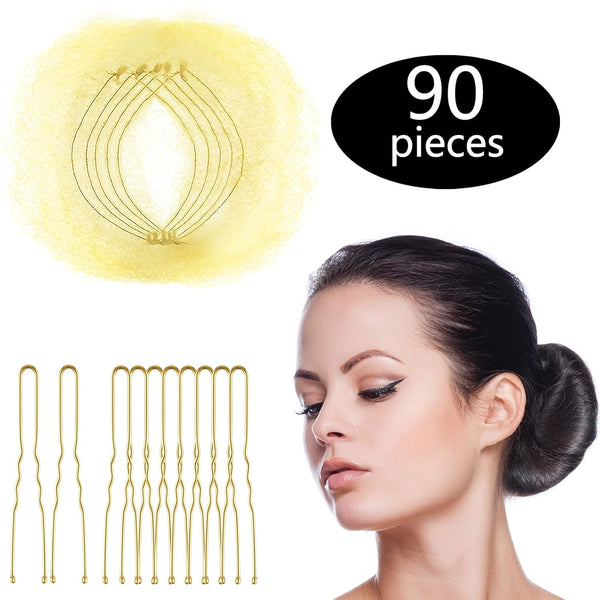 Zonon Bun Hair Nets Set - 50Pcs Invisible Elastic Edge Mesh and 40Pcs U Shaped Pins for Ballet and Sleeping