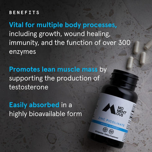 Momentous Zinc Picolinate, Bioavailable Zinc Supplement for Immunity, Hormone Support, and Joint Health