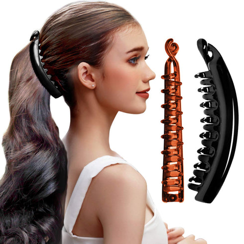 RC ROCHE ORNAMENT 2 Pcs Women's Premium Hair Plastic Banana Classic Clincher, Large Black and Brown