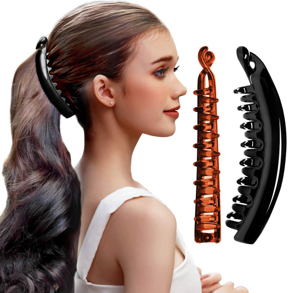 RC ROCHE ORNAMENT 2 Pcs Women's Premium Hair Plastic Banana Classic Clincher, Large Black and Brown
