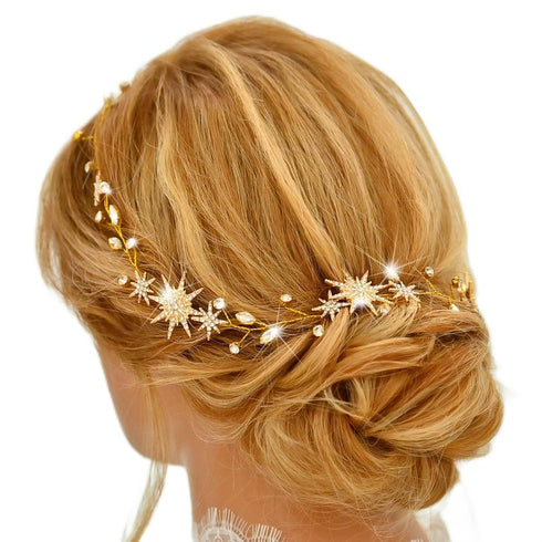 Unicra Star Rhinestone Bride Wedding Hair Vine, Gold Bridal Hair Piece for Women and Girls (21 Inches)