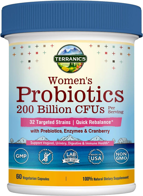 Terranics Daily Probiotics for Women, 200 Billion 32 Strains with Cranberry, Prebiotics & Enzymes, 60 Vegan Caps
