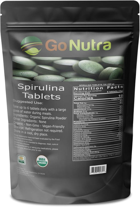 Go Nutra - Organic Spirulina Tablets, Packed with Vitamins, Minerals, Fibers, Amino Acids, Non-GMO, Vegan, 500 mg, 720