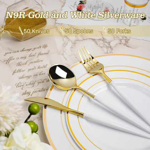 90PCS Gold Plastic Silverware Set - Heavy Duty Cutlery with 30 Spoons, 30 Forks, 30 Knives, White Handle for Parties