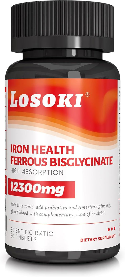 Iron Bisglycinate 20 mg with Vitamin C, B12, American Ginseng & Probiotics - Gentle on Stomach, Supports Energy & Iron