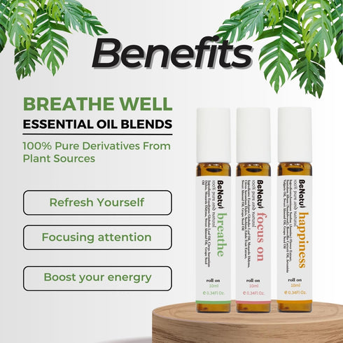 Set Benatu Essential Oil Blends (Breathe, Focus on, Happiness), Natural Aromatherapy Roll On for Massage, Body Skin