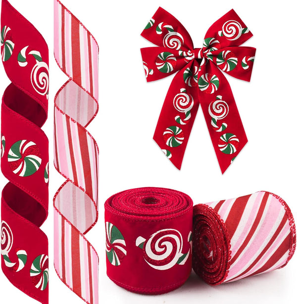 2 Rolls Christmas Ribbon, 2.5" x 10 Yard, Red Pink Candy Cane for Wreaths, Gift Wrapping, Party Supplies
