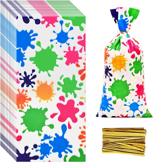100 Pcs Colorful Paint Splatter Print Artist Treat Bags - Cellophane Candy Bags for Art Party Favors