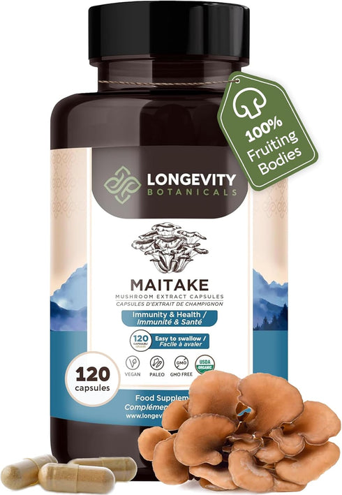 Longevity Botanicals Organic Maitake Mushroom Capsules, Ultra Concentrated Supplement for Balanced Immune System, 100%