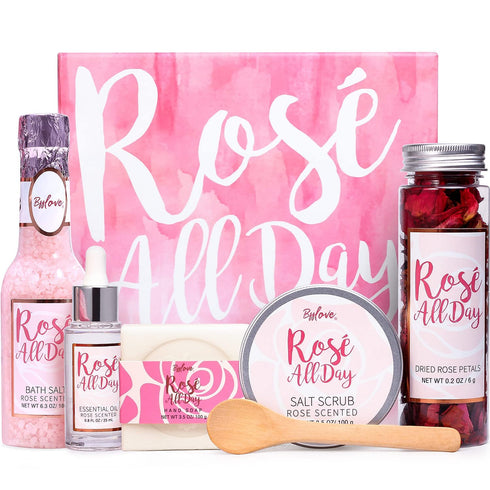 Spa Gifts for Women, 6Pcs Rose Spa Set with Essential Oil, Bath Salt, Soap, Natural Petals - Mothers Day Gift