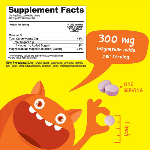 Kids Magnesium Chewable | Great Tasting | 300mg Magnesium Supplement | Vegan, non Gmo and Gluten Free Magnesium Oxide Supplement | for Muscle Function | 120 Chewables | Vitaworks