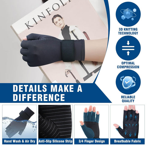 2 Pairs Compression Gloves for Women Men, Copper Arthritis Gloves for Hand Pain Relief and Carpal Tunnel Support