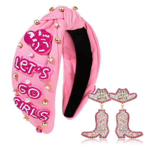 Hot Pink Rhinestone Headband - Western Knotted Headband, Beaded YEEHAW Cowboy Boot Accessories