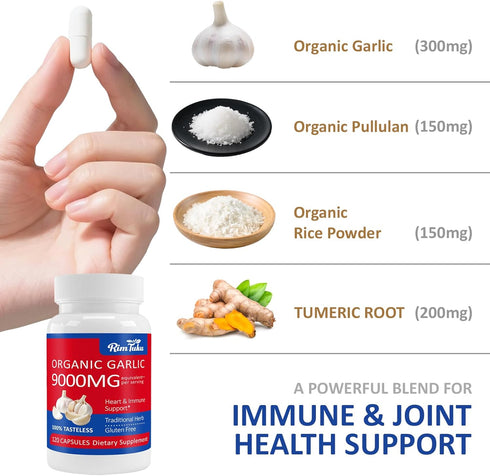 RimTuku 9000MG 30:1 99%+, 2+ 120 Aged Garlic Extract Organic Garlic Supplement Powder Extract Formula, with Alliin