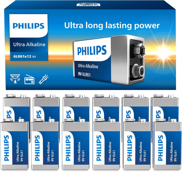 Philips 9V Batteries Alkaline 9 Volt Battery 12 Pack Ultra Long Lasting 9V