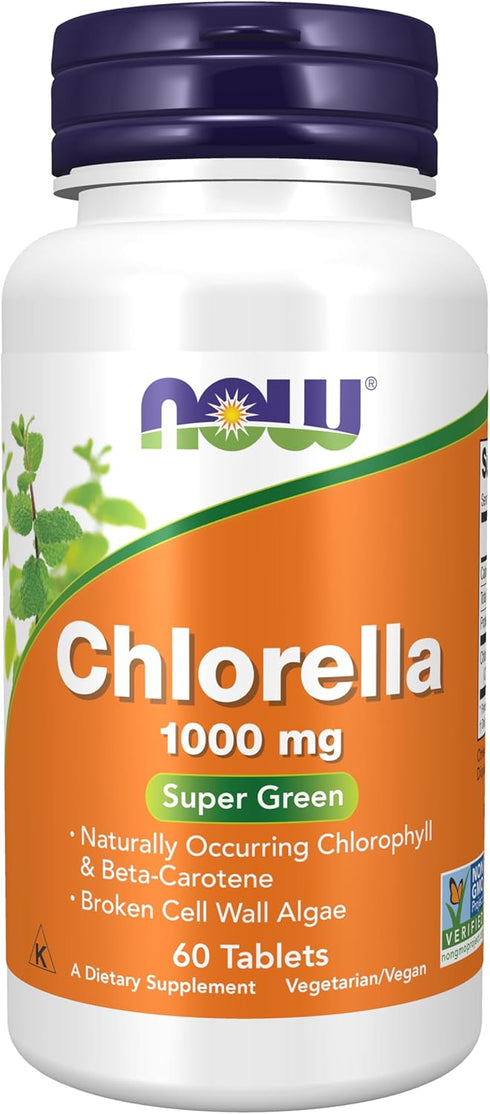 NOW Supplements Chlorella 1000 mg, 60 Tablets, with Chlorophyll, Vitamin C, Iron, Protein