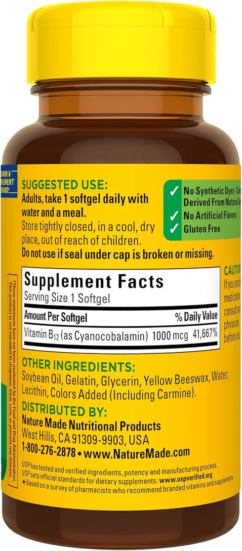 Nature Made Vitamin B12 1000 mcg, 90 Softgels - Dietary Supplement for Energy Metabolism Support, 90 Day Supply