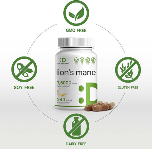 Lions Mane Mushroom Supplement, 7,500mg Per Serving, 240 Capsules - Natural Brain Nootropic Booster