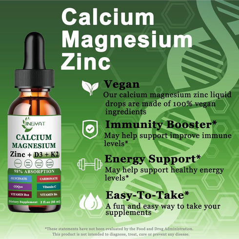Calcium Magnesium Zinc Liquid Drops - 500mg Magnesium Glycinate, 1000mg Calcium with Vitamin D3, K2, B6, B12