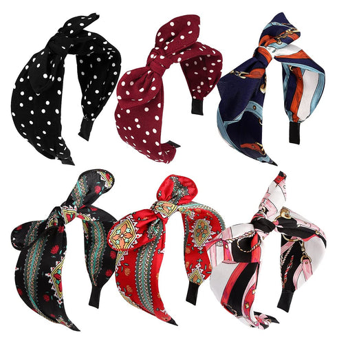 Jaciya 6 Pieces Knotted Bow Headbands for Women, Turban Wide Headband, 6 Colors Polka Dot with Rabbit Ears