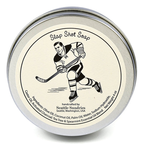 Slap Shot Hockey Puck Soap - 4oz Bar of Odor Fighting Activated Charcoal Soap in Retro Gift Tin