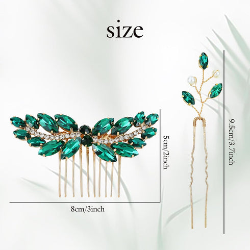 inSowni 7 Pieces Vintage Bridal Wedding Glitter Emerald Green Rhinestone Hair Side Combs and U-shaped Hair Pins