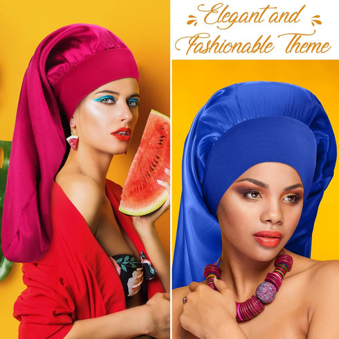 SATINIOR 6 Pcs Extra Large Long Hair Satin Bonnet for Sleeping, Elastic Band Silk Night Sleep Hat for Women