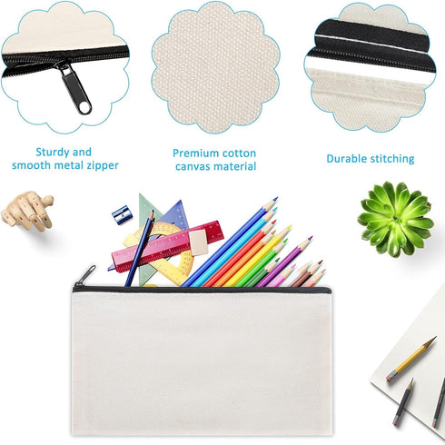 12 Pieces White Cotton Canvas Makeup Bag, Multipurpose Cosmetic Pouch with Zipper, Travel Toiletry Bag (White, M)