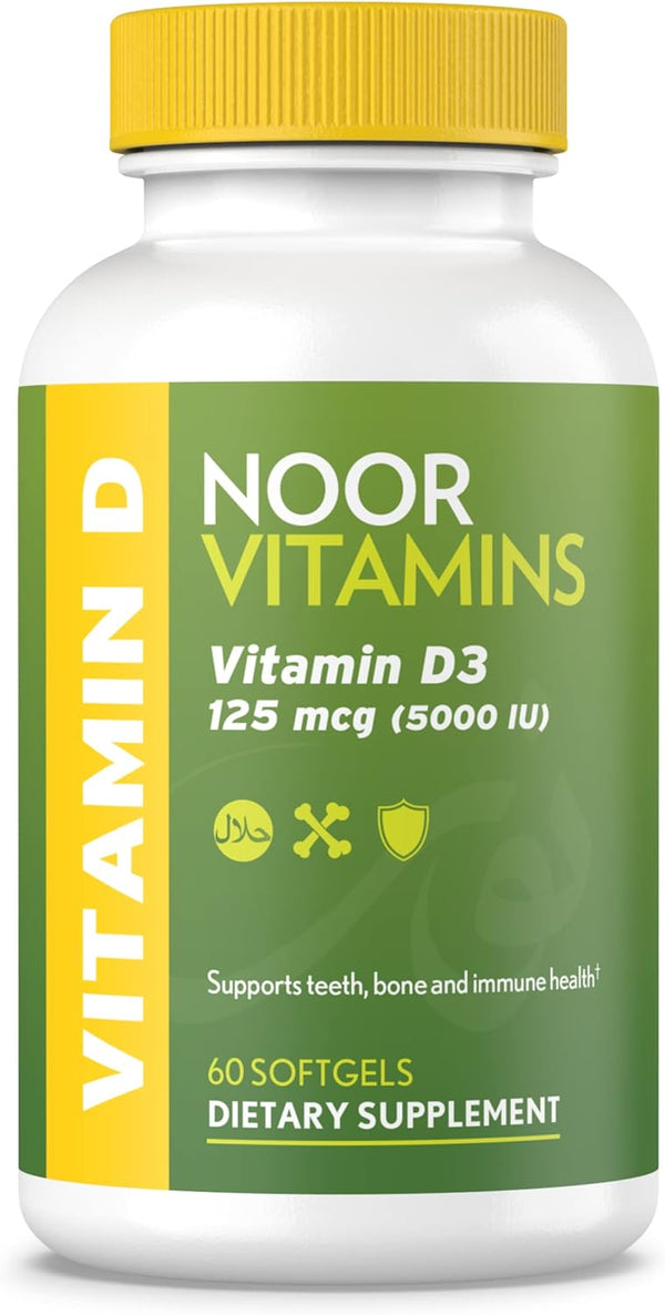 Noor Vitamins Halal Vitamin D3, 5000 IU Softgels, 60 Count, Supports Bone, Immune & Heart Health, Non-GMO, Gluten Free
