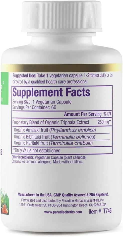 Paradise Herbs Triphala Extract, Super Potent, Ultra Pure, Vegan, Non GMO, Gluten Free, 60 Vegetarian Capsules