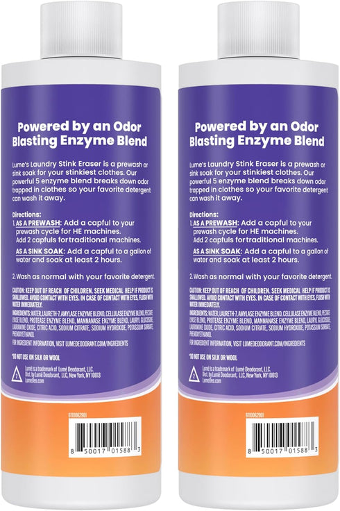 Lume Laundry Stink Eraser - Detergent Booster & Sink Soak, Eliminates Body Odor in Clothes, 8 Fl Oz (2 Pack)