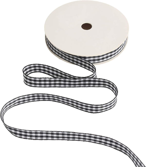 Midi Gingham Ribbon 3/8 Inch Black and White, 50 Continuous Yards Polyester Woven Edge Buffalo Plaid for Crafts
