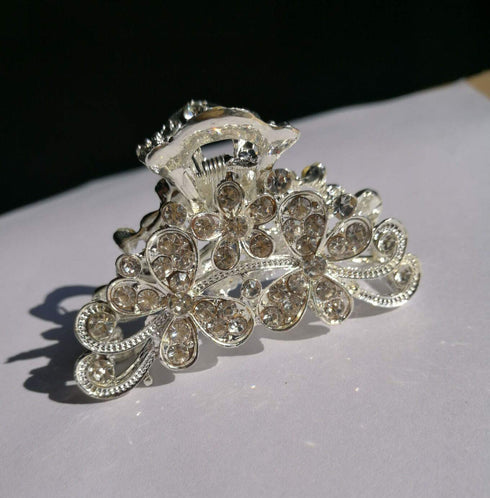 Retro Flowers Hair Claw Clip for Women, Vintage Alloy Rhinestone Hair Jaw Clips, Fancy Hairpin Clamp (Silver)