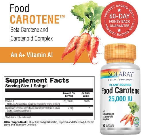 SOLARAY Food Carotene, Vitamin A as Beta Carotene 25000IU | 50ct Carotenoids for Skin & Eyes, Immune Support