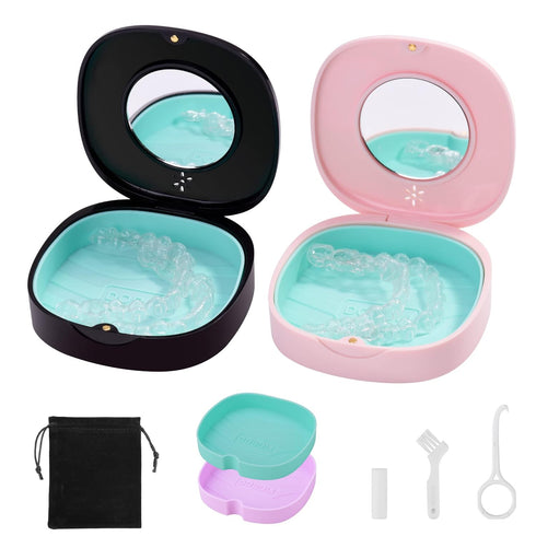 2 Pack Retainer Case with Vent Holes, Compatible with Invisalign, Night Guards, Includes Storage Bag, Travel Essentials