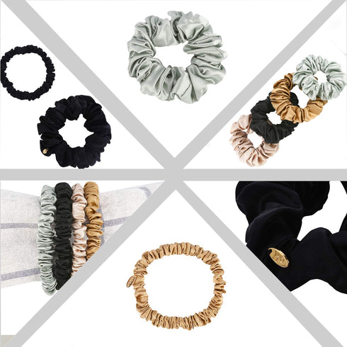 Silk Scrunchies for Women, Small Black, Pure Mulberry Silk Hair Ties, 22 Momme, Pack of 4
