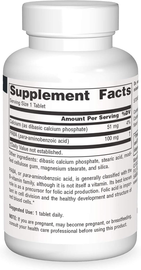 Source Naturals PABA 100 mg Dietary Supplement 100 Tablets | Para-Amino Benzoic Acid