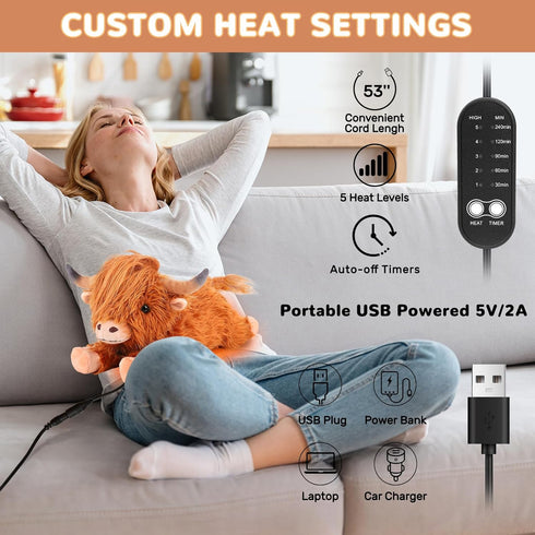 Highland Cow Heating Pad for Period Cramps Menstrual Pain Relief, Portable Electric Heat Pads USB Powered, Cute Cows