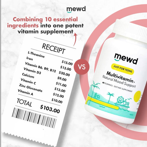 Gummies D3, B6, B9 B12, Immune MEWD Teen and Kids Mood Support Multivitamin - Natural Focus & Calm with L-Theanine