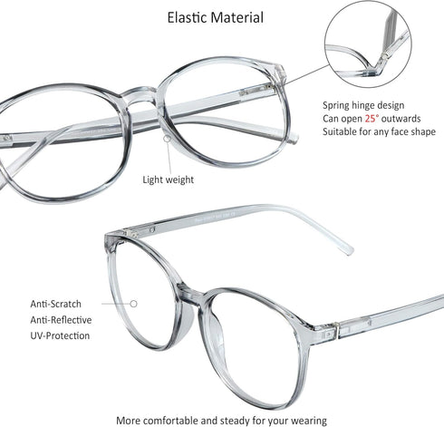 VisionGlobal Blue Light Blocking Glasses for Women/Men, Anti Eyestrain, Stylish Oval Frame, Anti Glare, Clear Gray,