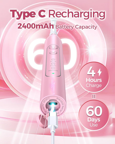 Rotating Electric Toothbrush for Adults with 8 Brush Heads, Deep Clean Rechargeable with 4 Modes, Pink