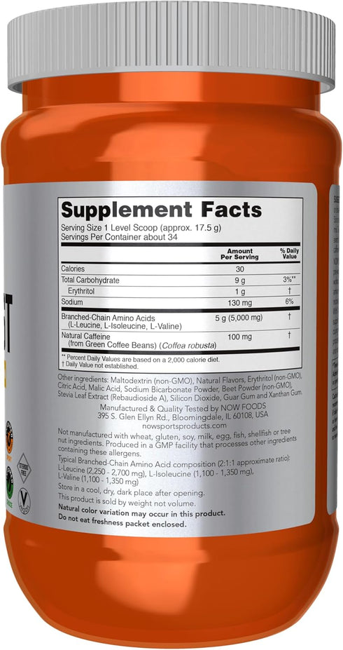 NOW Foods BCAA Blast Powder, 5 g BCAA, 100 mg Caffeine, Tropical Punch, 600-Grams Sports Nutrition