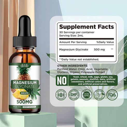(2 Pack) Magnesium Glycinate Supplement - Liquid Drops 500mg for Stress Relief, Relaxation, Vegan, 4 Fl Oz