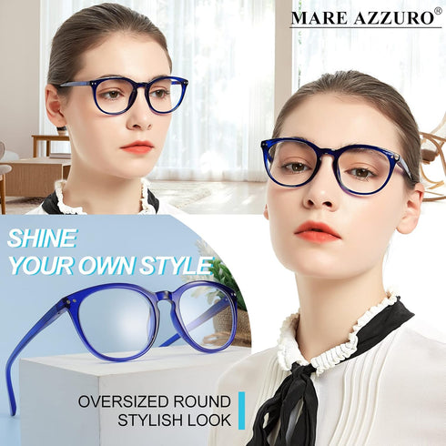 MARE AZZURO Women's Reading Glasses, 3.0 Round Reader +3.00 for Female with Spring Hinge