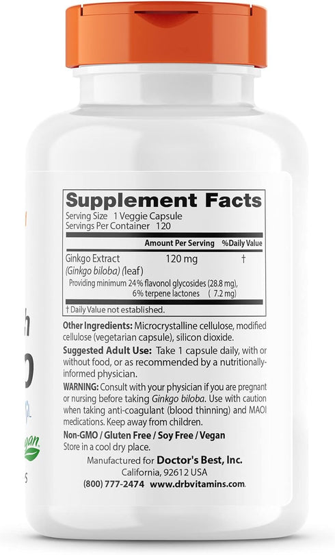 Doctor's Best Extra Strength Ginkgo, Non-GMO, Gluten Free, Vegan, Soy Free, Promotes Mental Function and Memory, 120 mg, 120 Count (Pack of 1)